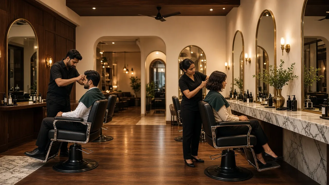 Two stylists at work in a warmly lit salon with arched mirrors