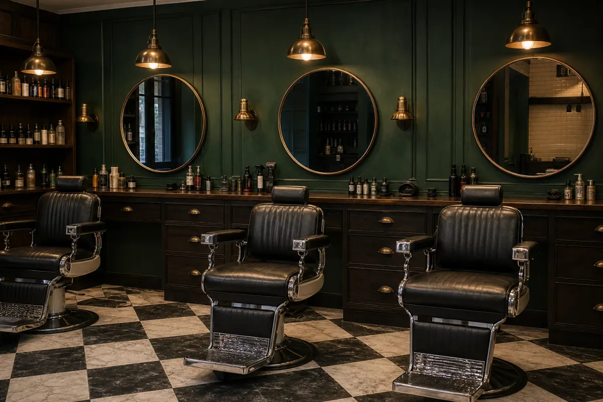 Three barber chairs in front of round brass mirrors