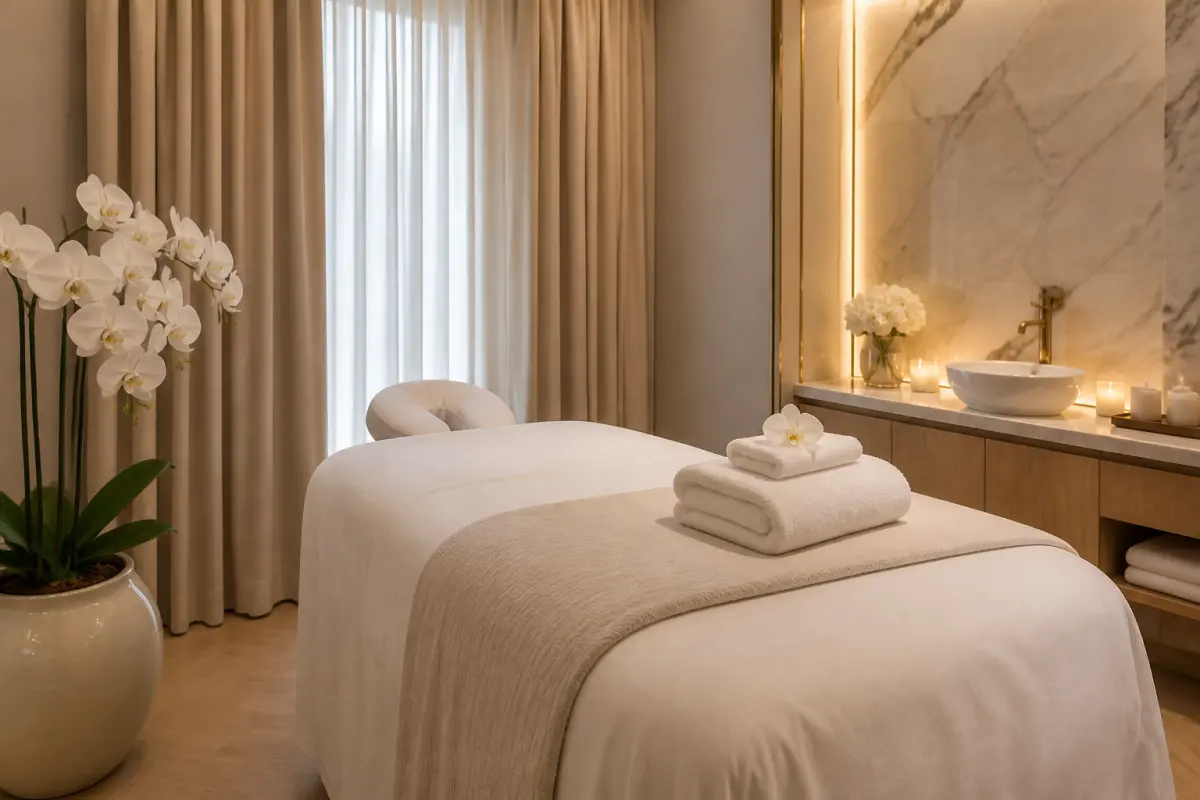 A calm treatment room with a made-up table and white orchids