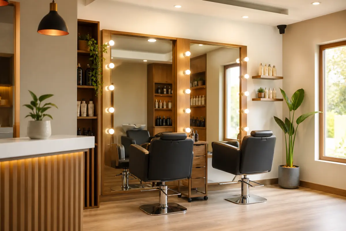 Two styling chairs in front of lit mirrors in a bright salon